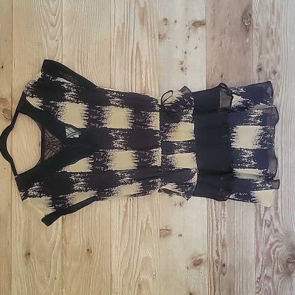 Line & Dot Size Small Black and Tan Dress with Ruffles and Sheer Neckline - Picture 1 of 10